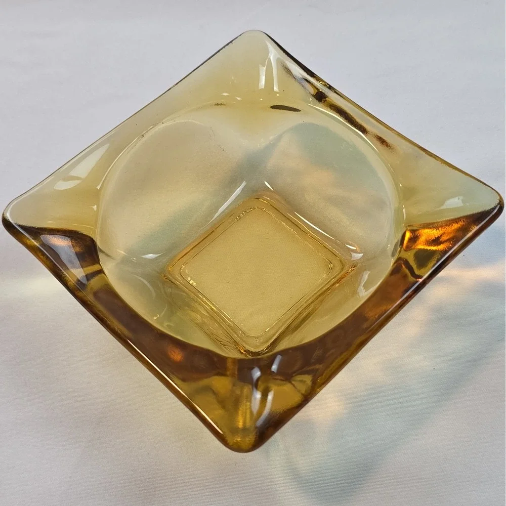 Vintage Amber Glass Ashtray Square 3.25 x 3.25 Inch Art Deco